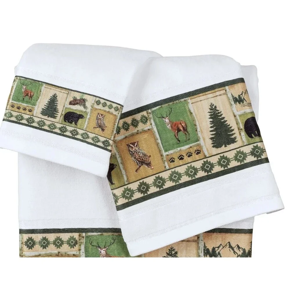 Northwoods Patchwork Aztec Border Towels 3-pc Animals Trees Elk Bath Gift NEW
